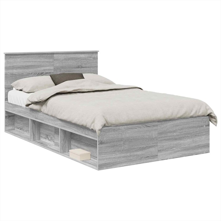 Cadru de pat vidaXL, cu headboard, Gri Sonoma, 120 x 200 cm, Lemn compozit