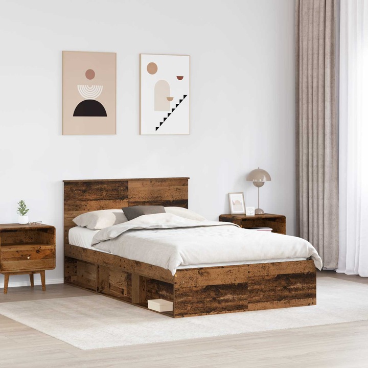 Cadru de pat vidaXL, cu headboard, Lemn vechi, 120 x 190 cm, Lemn compozit