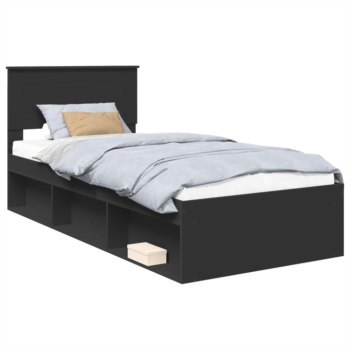 Cadru de pat vidaXL, cu headboard, Negru, 90 x 200 cm, Lemn compozit