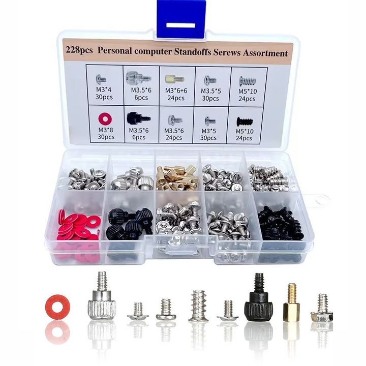Set 228 Accesorii PC, DANATI, Suruburi din Otel inoxidabil, pentru Hard Disk, Placa de baza, Ventilatoare, Carcasa PC, Saibe din hartie fibroasa