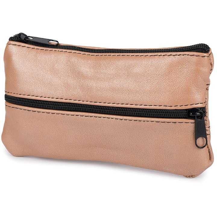 Portofel dama, krateczka, etui pe chei din piele naturala, bej, 10x15cm