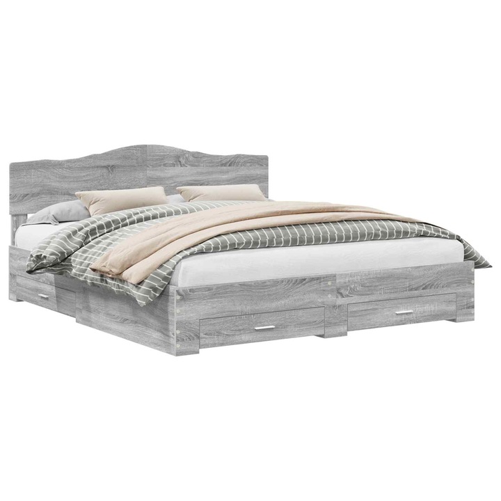Cadru de pat cu headboard vidaXL, Gri Sonoma, 200 x 200 cm, Lemn compozit