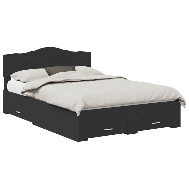 Cadru de pat cu headboard vidaXL, Negru, 140 x 190 cm, Lemn compozit