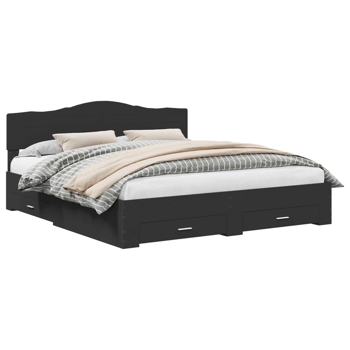 Cadru de pat cu headboard vidaXL, Negru, 200 x 200 cm, Lemn compozit