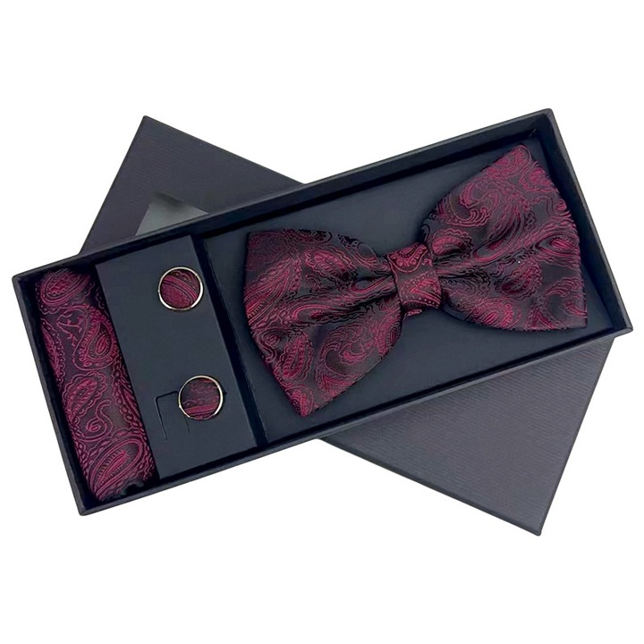 Set 3 piese Elegant pentru barbati, cu papion, butoni si batista din stofa, Burgundy, Velve