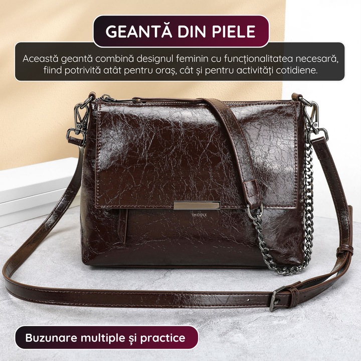 Geanta Dama Din Piele Naturala, IMODIX®, Compartimente Multiple, Dimensiuni 25x18x9 cm, Model 7803, Maro