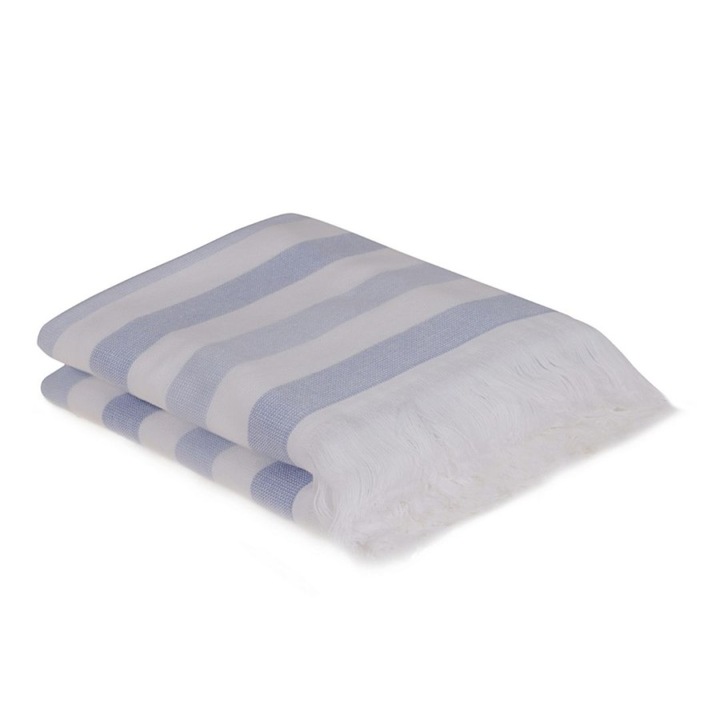 Set 2 prosoape de plaja cu franjuri, bumbac 100%, 70x140 cm, Hobby Home, Stripe Bleu