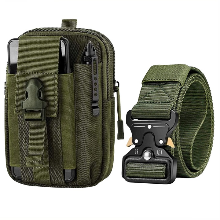 Set Tactic Militar Borseta si Curea, Dimensiuni 17.5x12x6 cm, Material Poliester, Verde