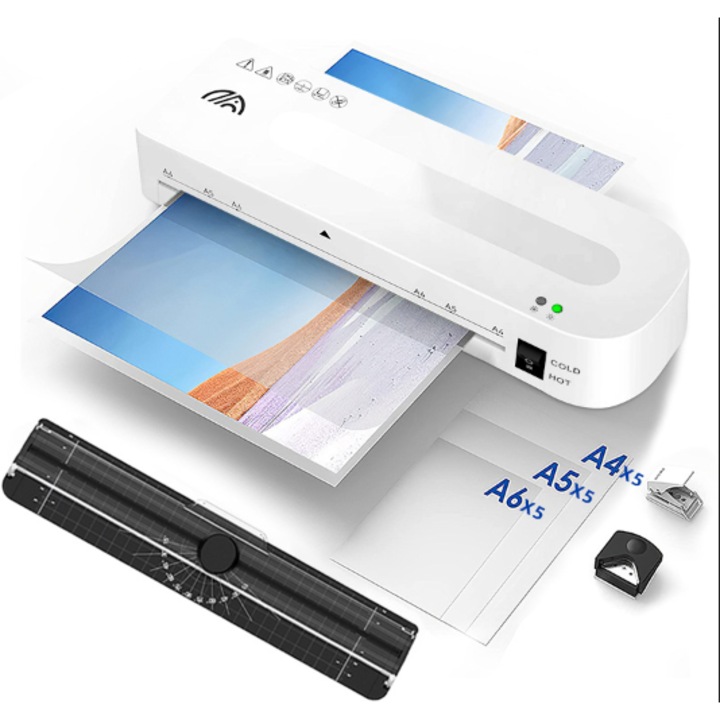 Laminator A4, 320 mm/min, alb, 320x100x62mm, set cu taietor si perforator colturi