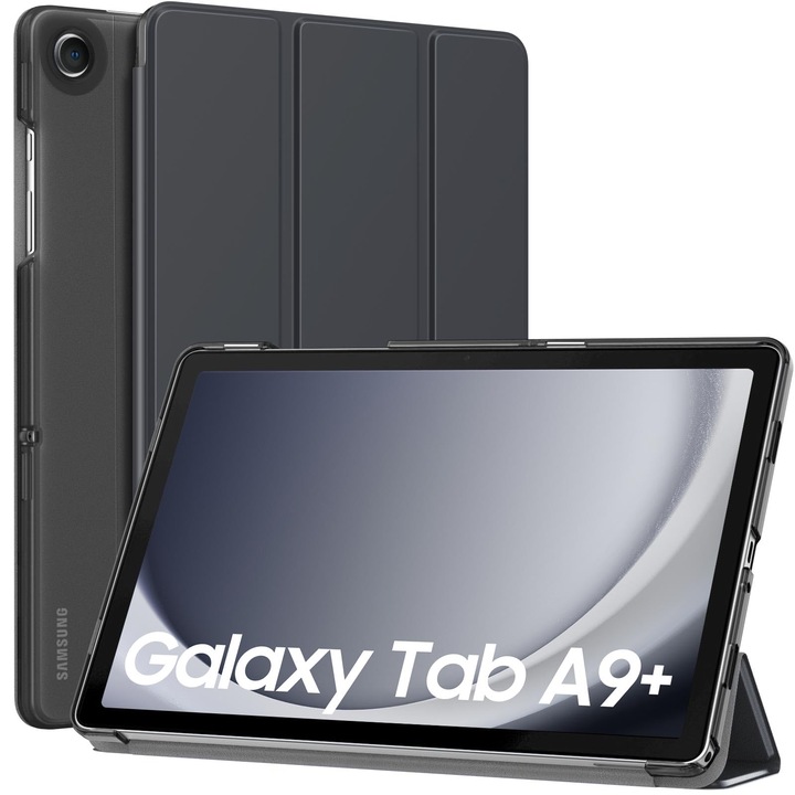 Védőtok Galaxy Tab A11+ Plushoz, ultravékony okos védőtok állvánnyal, kemény, áttetsző PC hátlappal, automatikus ébresztés/alvás funkcióval, fekete