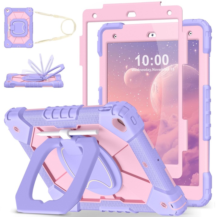 iPad (A16) 11./10. generációs 2025/2022 tok képernyővédővel, forgó állvánnyal, ceruzatartóval, 10. generációs iPad tok, ütésálló tok 11./10. generációs iPadhez, lila-rózsaszín
