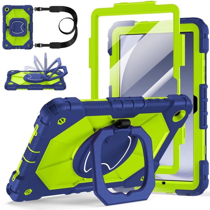 Tok Samsung Galaxy Tab A9 Plus 11 hüvelykes 2023-hoz (SM-X210/X216/X218), Aurld strapabíró tok Samsung Galaxy A9+ tablethez képernyővédővel, 360 fokban forgatható állvánnyal, vállpánttal, tolltartóval, sötétzöld