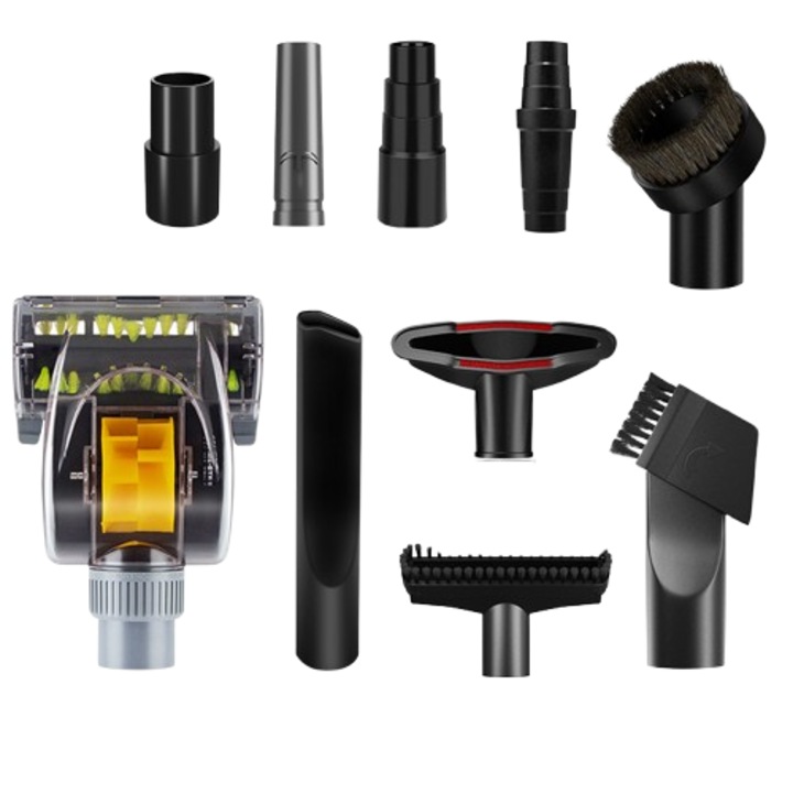 Set de accesorii aspirator 10 piese, cap plat si perie rotunda, compatibil 32/35 mm