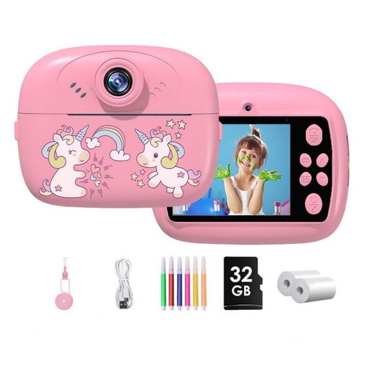 Aparat foto pentru copii, UWOT, camera duala HD, imprimanta termica, roz, set complet