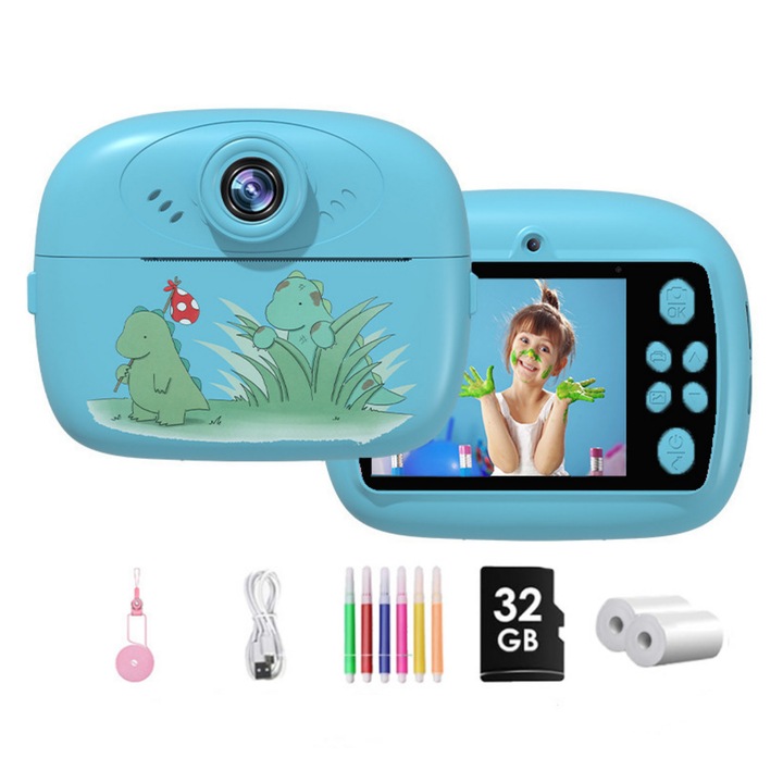 Преносим детски фотоапарат UWOT EX70, двоен HD, термопечат, син, комплект с 2 ролки хартия и 6 цветни молива