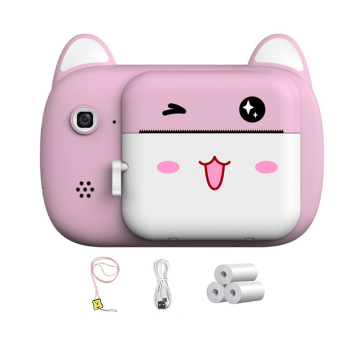 Детски фотоапарат UWOT, двоен HD, черно-бял печат, 2,4 инча, 12,5x4,2x9,5 см, розов