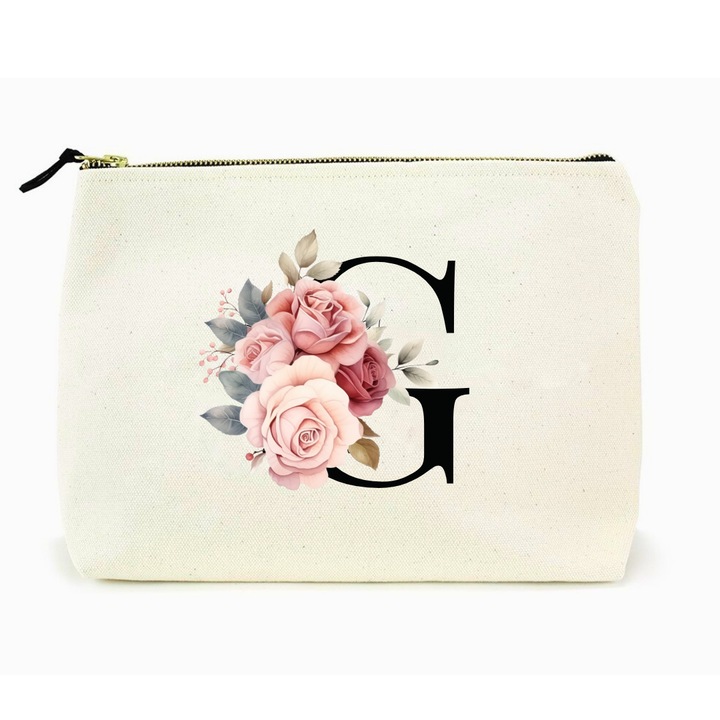 Portfard, geanta pentru cosmetice, poseta, din canvas, personalizat cu litera G, 23x18cm