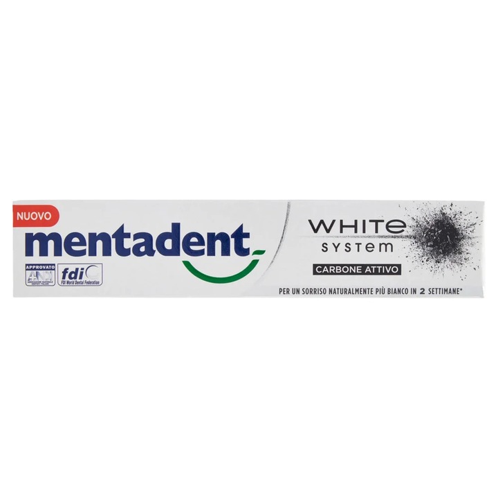 Паста за зъби, Mentadent, White System Carbone, с флуор, 75мл