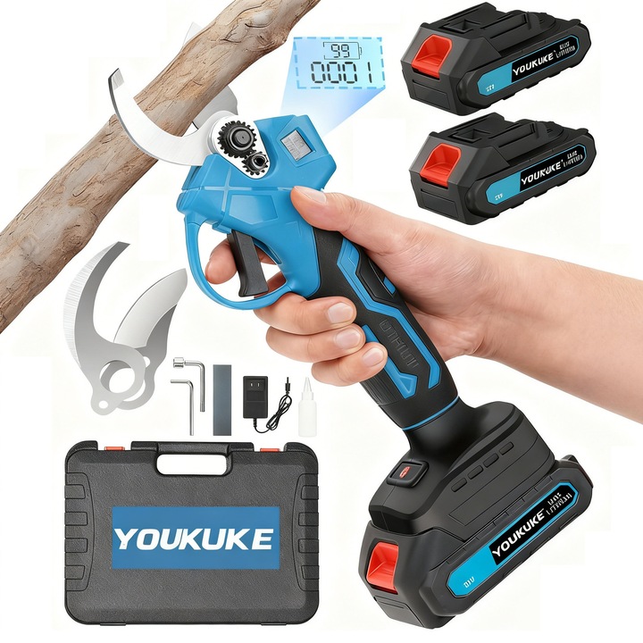Foarfeca Electrica pentru Gradinarit, YOUKUKE®, motor fara perii, 18V, 1000W, Cu afisaj LCD, Reglare in doua etape, latime taiere 0-30mm, 2 baterii 2000mAh, 2 cu Lama din Otel Carbon, Albastru
