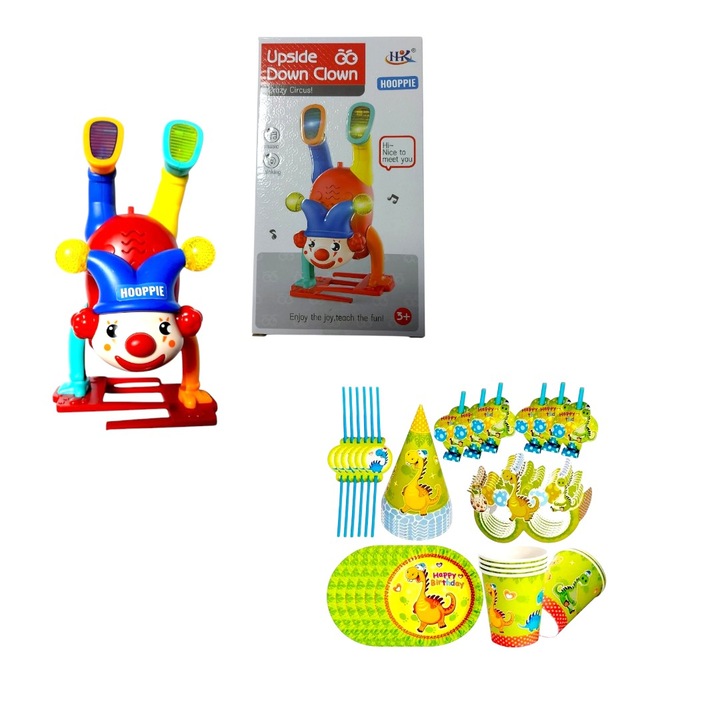 Интерактивна играчка клоун Hooppie, звукови/светлинни ефекти, многоцветен, 21 см, парти комплект, 36 части