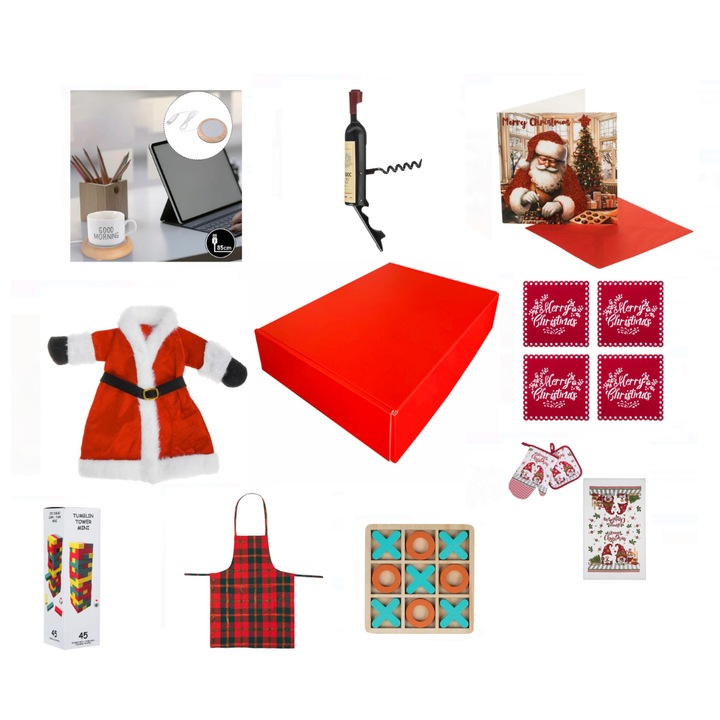 Pachet Cadou Craciun Pentru Amandoi 10 Piese - Tirbuson Vintage Incalzitor Electric Cana 2buc Joc Mini Tower Joc X si O Husa Sticla Vin Suport pentru Pahar 4buc Set Manusa Servet Prosop Cutie Cadou