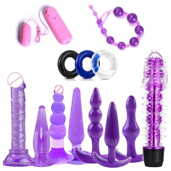 Set jucarii anale, 13 piese, impermeabil, silicon/ABS, Dimensiuni diferite pentru a se potrivi majoritatii, Unisex, distractie de cuplu, sexuale pentru adulti, Inel de intarziere a ejacularii, Mov