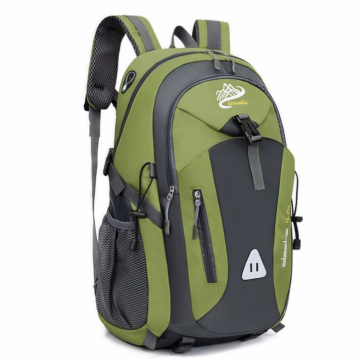 Rucsac Lingo 40L pentru drumetii si calatorii, Oxford nylon rezistent la apa, bretele si curea piept ajustabile, compartimente multiple, ergonomie si banda reflectorizanta, verde