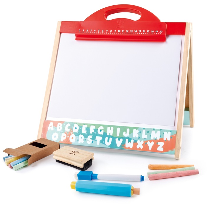 Sevalet portabil Hape Toys, 3 in 1, cu cutie depozitare, lemn, 33x35x4.5cm, set 6 piese