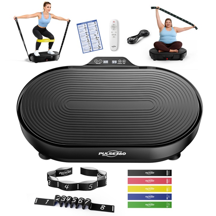 Aparat vibromasaj PULSE360, platforma de vibratii, 99 viteze, capacitate de greutate 300 kg, cu benzi de rezistenta, display LED, negru