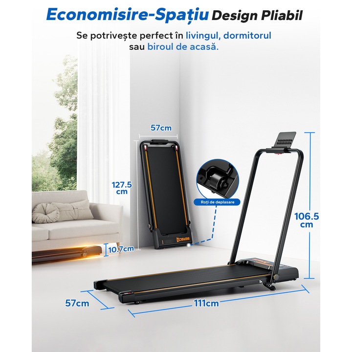 Banda de alergat electrica BEROCA, 3 in 1, pliabila, 9% inclinare, 3HP, 1-10 km/h, capacitate maxima 135 kg, cu control APP si lumini RGB, portocaliu