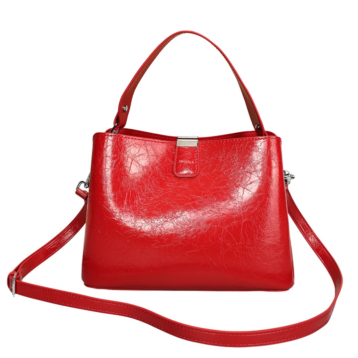 Дамска Чанта от Естествена Кожа, IMODIX®, 3 Презрамки с Различни Размери, Множество Отделения, Размери 24x19x11 см, Модел 7802, Червена