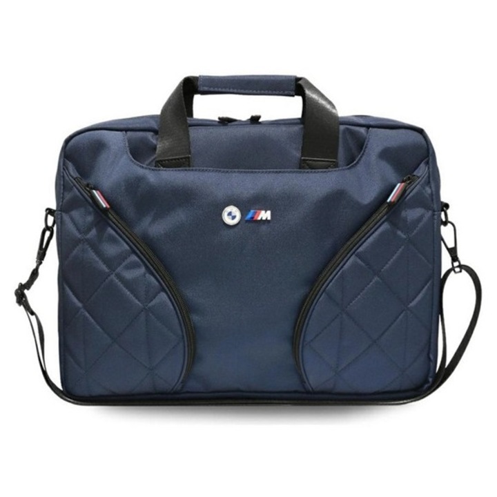 Bmw nylon pockets & metal logo tok fekvő, bőr hatású laptop/notebook/tablet, univerzális, 16" méret, vállpánt, sötétkék