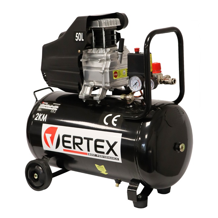 Compresor cu ulei / compresor de aer Vertex VHC24, 1, 5 kW / 2 CP, 24 l, 8 bar, roti de transport + ulei + filtru de aer