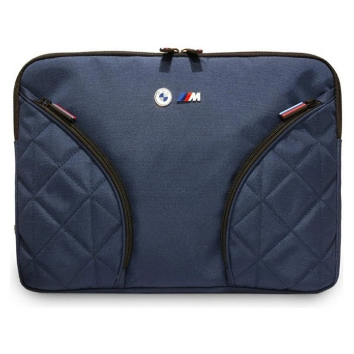Bmw nylon pockets & metal logo tok fekvő, bőr hatású laptop/notebook/tablet, univerzális, 14" méret, sötétkék
