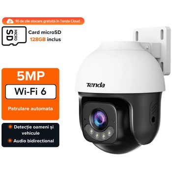 Camera IP Exterior Tenda CH7, Pan&Tilt, 5MP, 3K, Wi-Fi6, Detectie AI oameni si masini, Full-Color, 360°, H265, ONVIF, IP65, Amazon Alexa, LAN RJ45 10/100Mbps, Suporta NVR, SD< 512GB, 3 luni stocare in cloud gratuit + include card 128GB