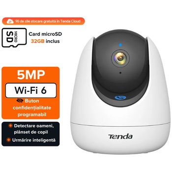Camera de supraveghere Tenda CP7, Wi-Fi 6, 5MP, 3K, 30 fps, detectie AI oameni/plans copil, Full-Color, 360°, H265, ONVIF, Apelare rapida cu o singura atingere, audio biderectional, LAN RJ45 10/100Mbps, Suporta SD< 512GB, include SD 32GB ,USB-C