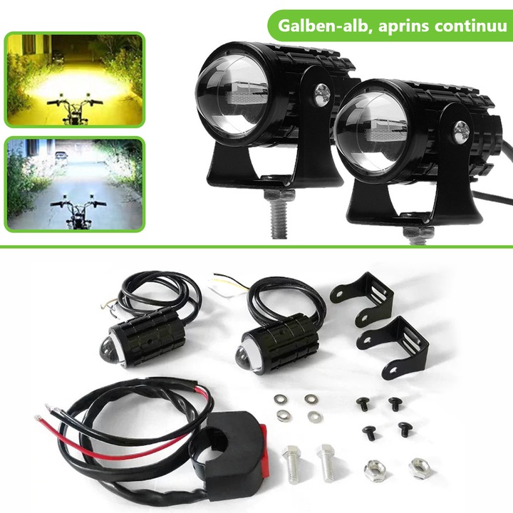 Set de 2 Proiectoare LED Motociclete, Durabil si rezistent la apa, Galben-alb aprins continuu, Pentru utilizare in toate tipurile de vreme, pentru vehicule off-road, motociclete, biciclete, camioane, Negru