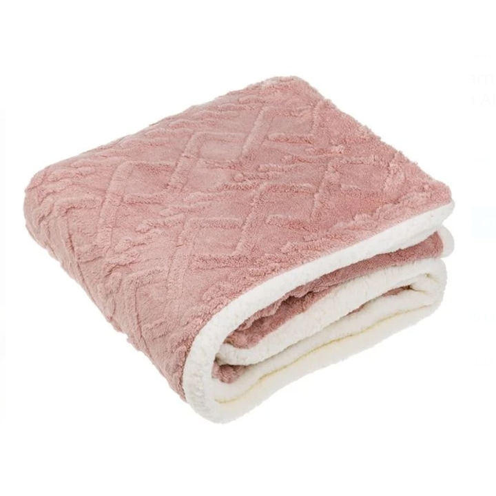 Patura decorativa imitatie de blana Dusty, ultra-pufoasa, Pink Sherpa Alba, dimensiune 160 x 130 cm