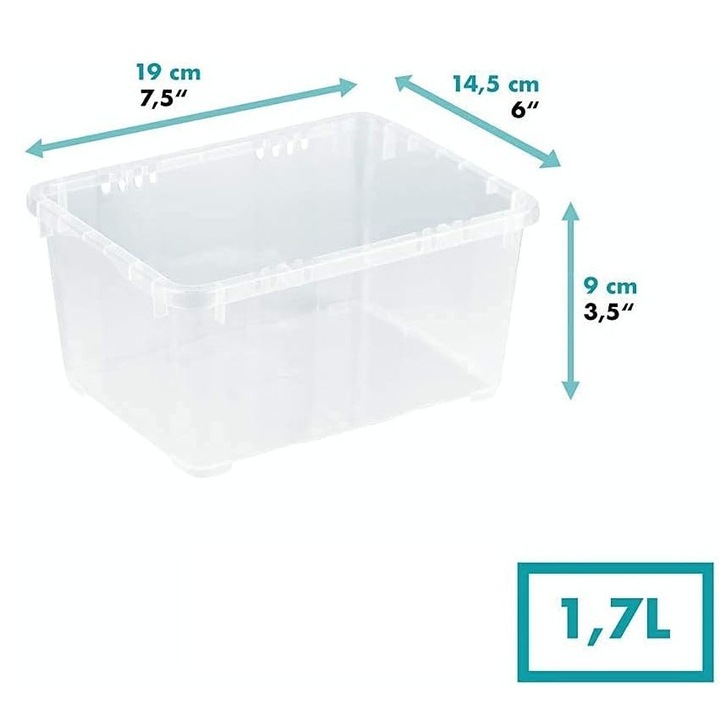 Set 12 buc cutii depozitare 1.7 L QTBOX, plastic transparent, cu capac si clips de inchidere