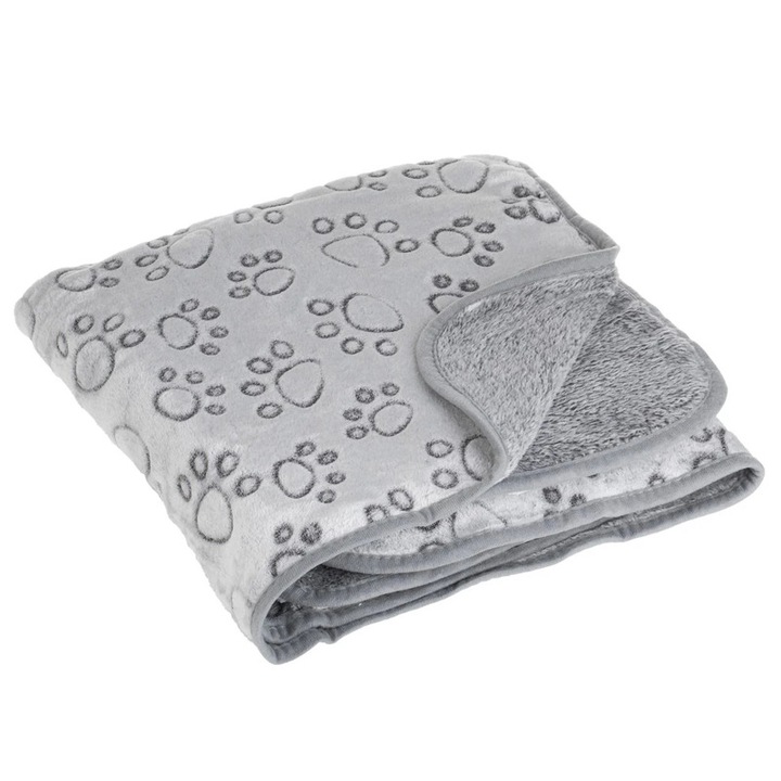Pătură pentru animale de companie, Design cu lăbuțe, Poliester, 100x70 cm, Gri