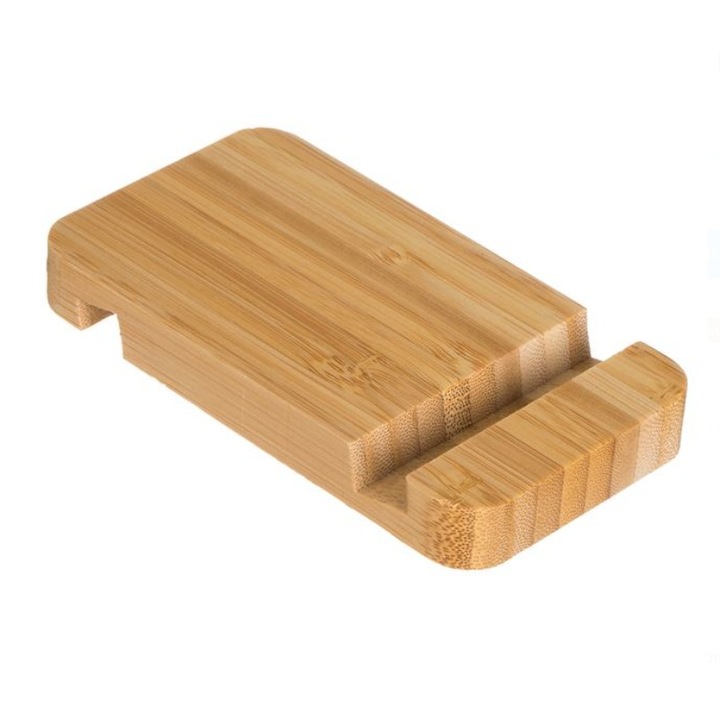 Suport telefon sau tabletă din bambus, dimensiuni 13, 2x7cm, design natural, compact
