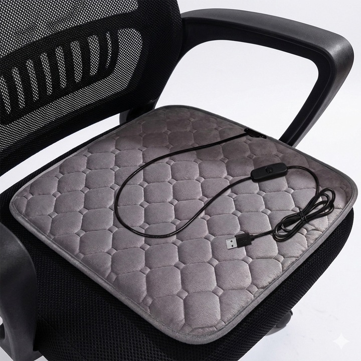 Perna Electrica pentru Scaun CozySit ThermalFlow Pro, Incalzire Rapida prin USB, Dimensiuni 45x45x3 cm, Textura Soft-Touch, Baza Anti-Alunecare, Alimentare Universala 5V (Power Bank, Laptop, Auto), Protectie Supra-Incalzire, Gri