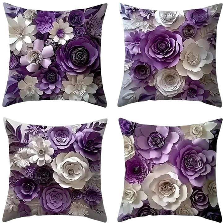 4 db-os díszpárnahuzat készlet, lila 3D virág, virágok motívum díszpárna, párna, huzat, dekoráció, 45x45 cm r200