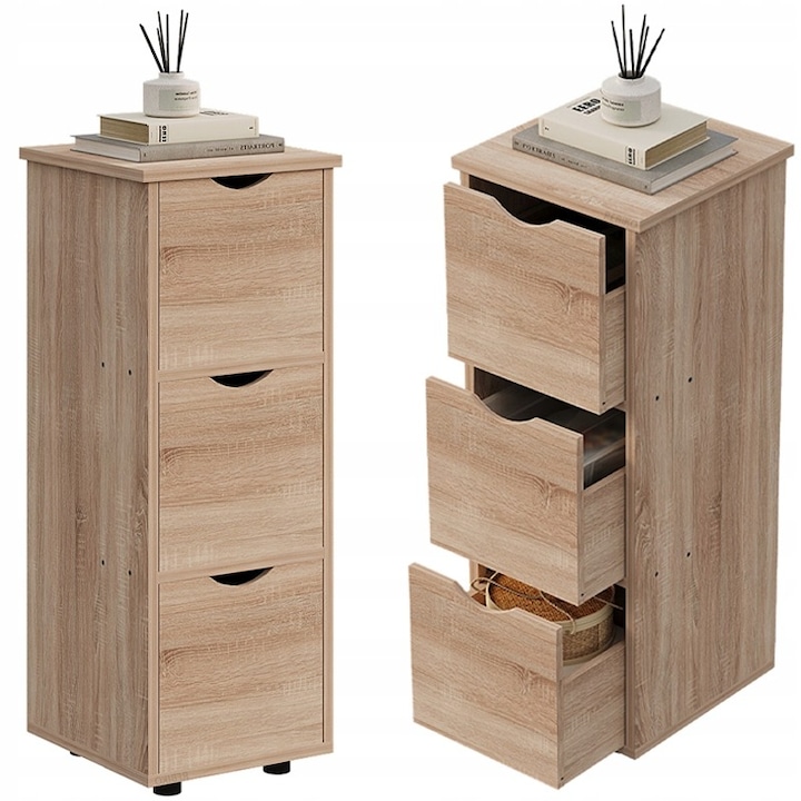 Oszlopos szekrény fiókokkal, rusztikus tölgy, keskeny, tágas, loft stílusú fiókos szekrény