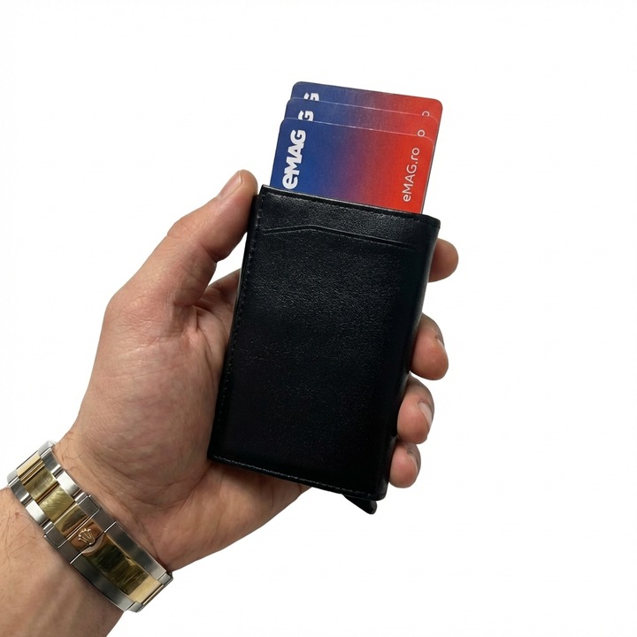 Portofel Barbati ELEVIA Silva din Piele Naturala, Carcasa Din Aluminiu, Protectie RFID Antifrauda, Design Simplu Si Placut, Negru Carbon