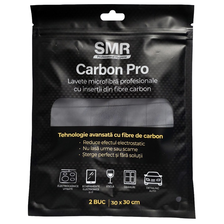 Lavete microfibra profesionale cu carbon CarbonPro 30×30 cm – 2 buc/set, SMR