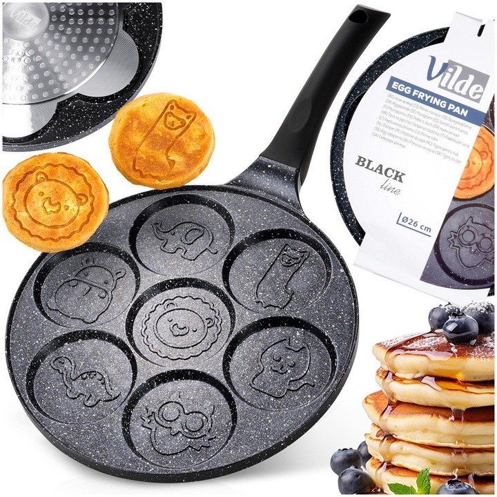 Vilde Black Line 26 cm-es serpenyő tojáshoz, 7 lyukkal, gránit tapadásmentes bevonattal, Soft Touch fogantyúval, minden tűzhelyhez és mosogatógéphez alkalmas, gazdaságos főzés, fekete