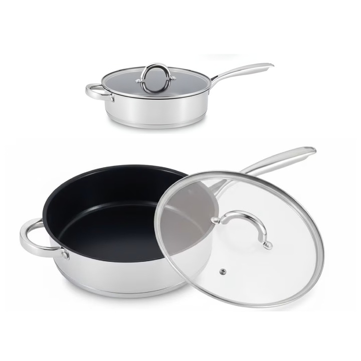 Tigaie premium ANGMAD compatibila cu toate sursele de caldura(gaz, inductie, ceramice, etc), 24cm (3l), 3 straturi de aluminiu si otel inoxidabil, tehnologie antiaderenta, argintiu-negru