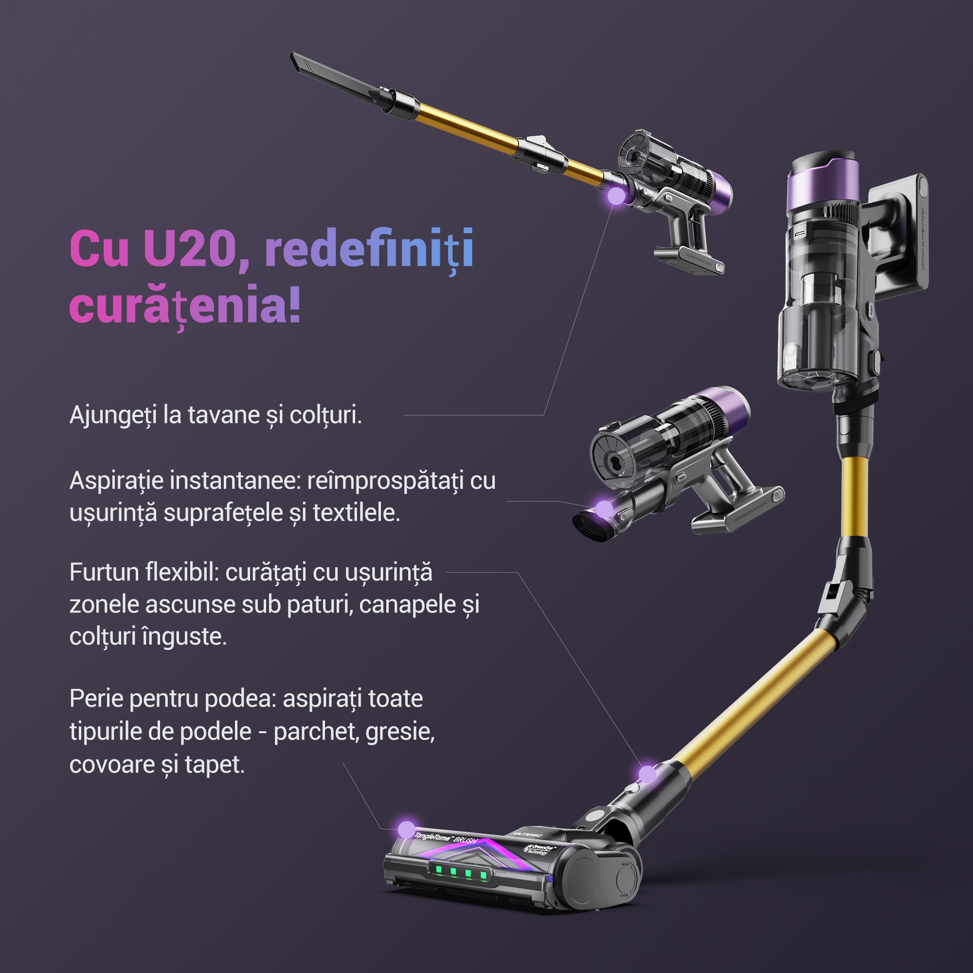 Aspirator vertical fara fir Ultenic U20, 78000 PA/650 W/perie pentru podea Zero-Tangle