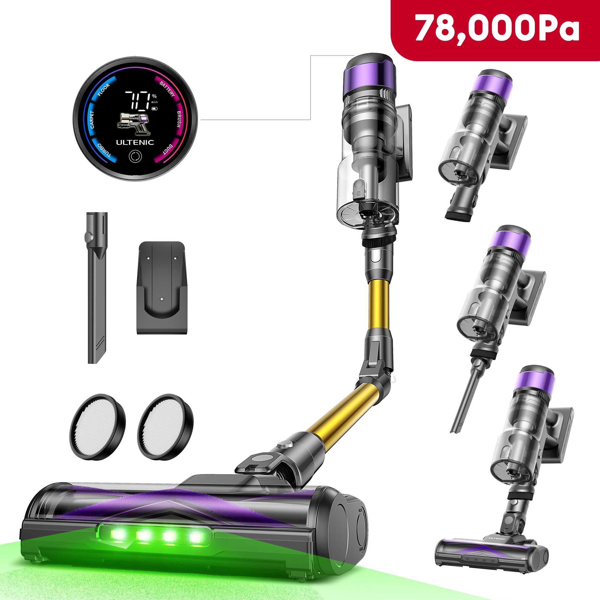 Aspirator vertical fara fir Ultenic U20, 78000 PA/650 W/perie pentru podea Zero-Tangle
